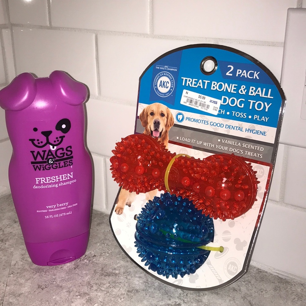 Dog toy and shampoo